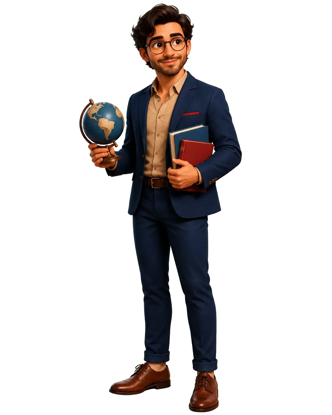 Guide holding books and a globe