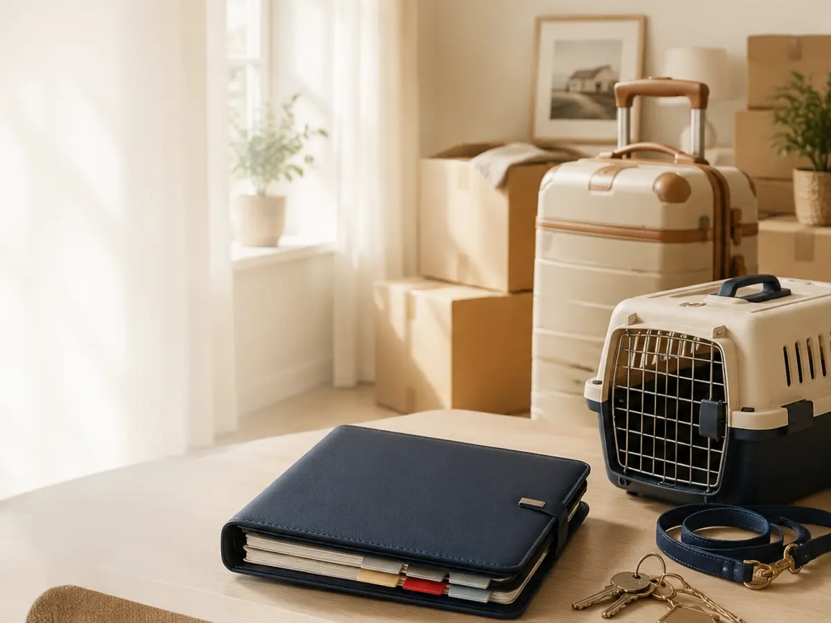 Moving supplies, travel documents and a pet carrier
